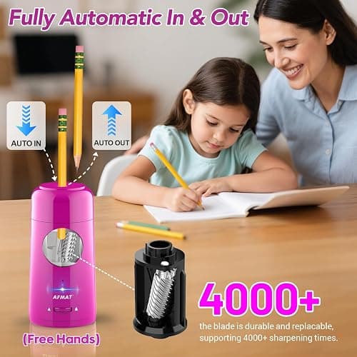 AFMAT Electric Pencil Sharpener, Rechargeable Fully Automatic Pencil Sharpener for Jumbo & Colored Pencils (7-11.5mm), Auto in/Out, Hands-Free, Portable for Home/Classroom/Office PSX6(Purple) thumbnail 2