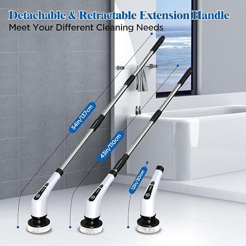 Electric Spin Scrubber, Cordless Bath Tub Power Scrubber with 8 Replaceable Drill Brush Heads, Shower Cleaning Brush with Adjustable Handle for Bathroom, Tile Floor & Car, White, (ANS-8050) thumbnail 3