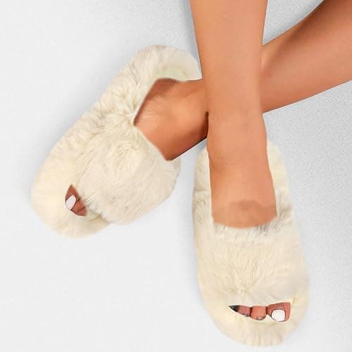 LUYOO Girls Fuzzy Memory Foam Slippers Comfy丨Kids Fluffy Plush Open Toe House Slippers丨Slip On Furry Home Slides丨Indoor Outdoor Fur Flip Flop thumbnail 6