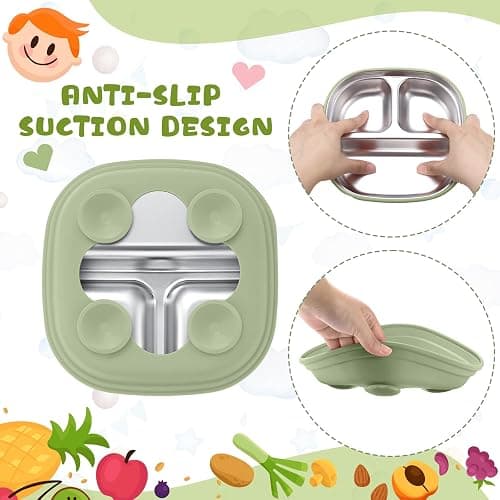 Geiserailie Square Stainless Steel Toddler Plates with Suction – 7.68” Divided Plates with Removable BPA-Free Silicone Sleeves, Unbreakable Baby Feeding Dishes Set of 4 (Pink,Green,Purple,Blue) thumbnail 5