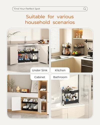 Sevenblue 3-Pack 2-Tier Under Sink Organizers with Sliding Drawers | Multi-use kitchen & bathroom storage, 12.8 inch black cabinet organizer, space-saving sliding drawer design. thumbnail 4
