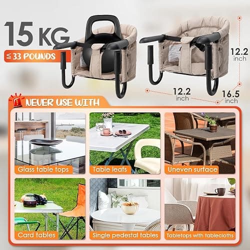lulunemo Hook On High Chair, Portable & Foldable, Suitable for Family & Travel, Baby 6-36 Months, Khaki thumbnail 3