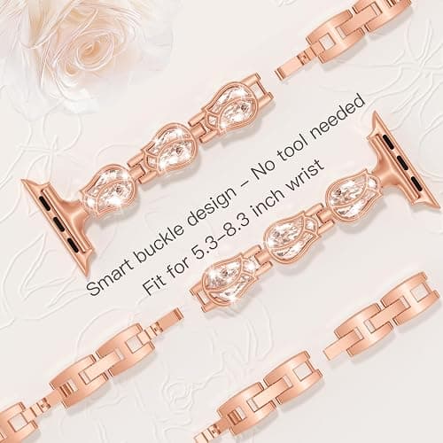 Maledan Rose Diamond Metal Bands Compatible with Apple Watch Series 11/10/9/8/7/6/5/4/3/2/SE/Ultra Women, Stylish Bling Jewelry Bracelet Replacement Bands for iWatch 38mm 40mm 41mm 42mm 44mm 45mm 46mm thumbnail 5