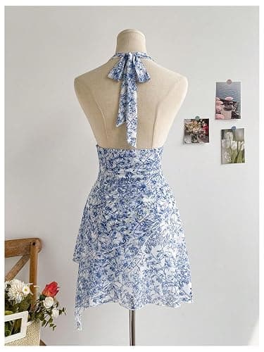 BEAUDRM Women's Y2K Floral Halter Dress Boho Mini Dress Backless Going Out Date Night Summer Vacation Sundress thumbnail 2