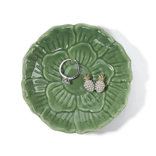 YZMICSTAR Flower Ring Dish Holder,Jewelry Dish Tray,Small Trinket Tray,Jewelry Plate Bowl,Key Bowl,Decorative Plate,Birtdhay Christmas Gifts for Women Friends,Ceramic Green - Image 1