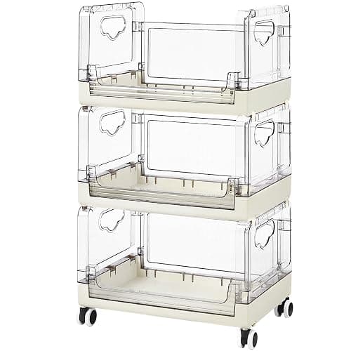 VECELO 3-Tier Fruit and Vegetable Basket, Stackable Kitchen Storage Organization with Wheels, Plastic Rolling Cart with Handles, Wide Open for Kitchen, Pantry, Living Room - Image 1