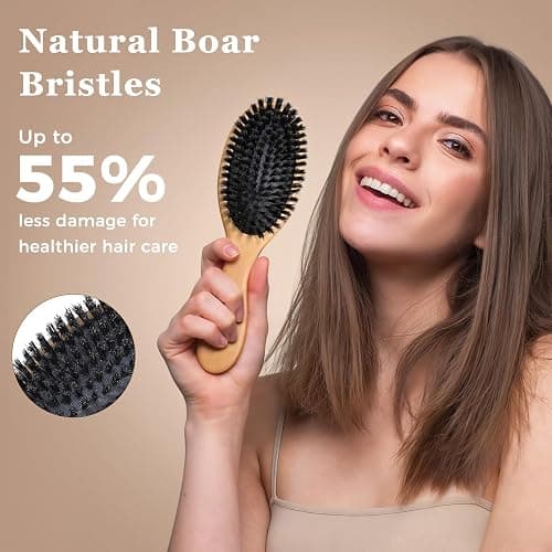 BLACK EGG Boar Bristle Hair Brush for Women Men Kid, Soft Natural Bristles Brush for Thin and Fine Hair, Restore Shine and Texture, Set includes Bamboo comb and 3 hair ties, Excellent Gift Idea thumbnail 2