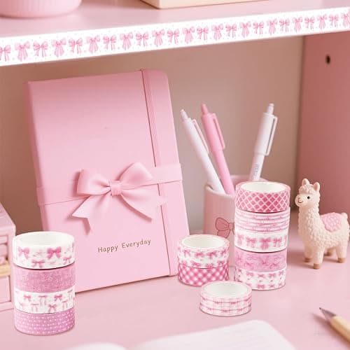 Resflyar 12 Rolls Pink Bow Washi Tape, Bowknot Plaid Adhesive Masking Tapes Decorative Pink Coquette Paper Tape for Scrapbook Journal Planners DIY Art Crafts Gift Wrapping 16.4FT thumbnail 7