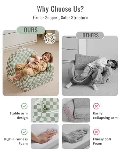 Blissful Diary Foldable Toddler Couch, 2-in-1 Comfy Toddler Chair & Lounger for Reading, Playroom, Kids Couch Sofa for Girls Boys Birthday Gift, Sage Checkered thumbnail 5
