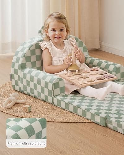 Blissful Diary Foldable Toddler Couch, 2-in-1 Comfy Toddler Chair & Lounger for Reading, Playroom, Kids Couch Sofa for Girls Boys Birthday Gift, Sage Checkered thumbnail 6