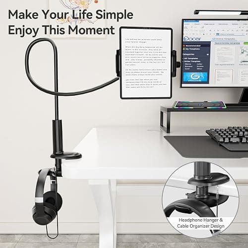 KDD Gooseneck Tablet Stand, 360° Adjustable Phone & iPad Holder for Bed and Desk, Flexible Arm Mount Clip for Video Recording, Bedside & Headboard Clamp for iPad Pro 12.9, Mini, Switch thumbnail 2