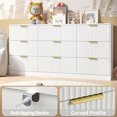 NOVAMAISON White Dresser for Bedroom with 9 Drawers, 63” Wide White Fluted Dresser Modern Chest of Drawers with Gold Handles, Wooden TV Stand Storage Organizer for Bedroom, Living Room thumbnail 5