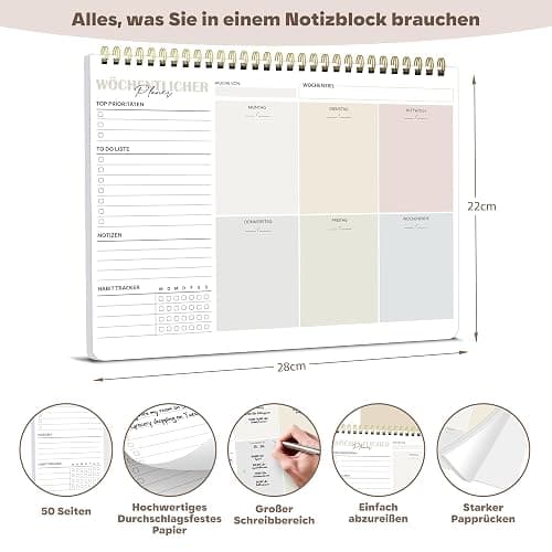 Wochenplaner Block A4 ohne festes Datum, 50 Seiten Weekly Planner, Schreibtischunterlage mit To Do Liste, Spiral-Wochenkalender Wochen Planer mit Wochenübersicht&Habit-Tracker für Termine, Aufgaben thumbnail 2