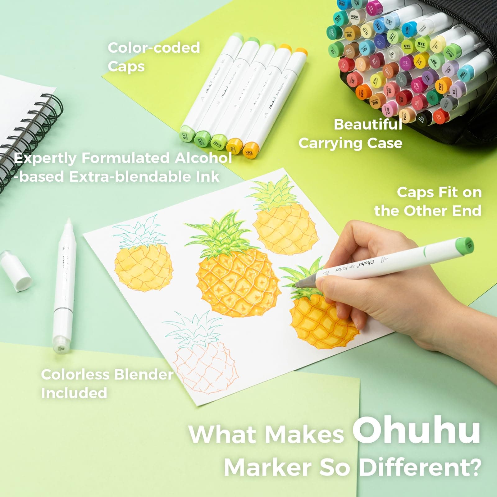 Ohuhu Alcohol Markers Brush and Fine Tip - 48-Color Alcohol-based Art Sketch Marker Set for Artist Adults Colouring Illustration - Brush and Fine Dual Tips- Honolulu B - AP Certificated thumbnail 10