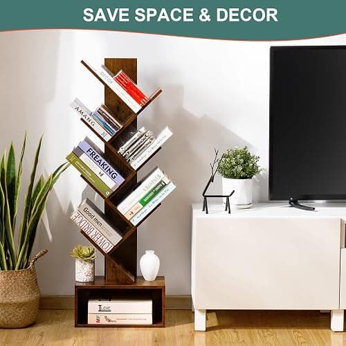 Yoobure Tree Bookshelf - 6 Shelf Retro Floor Standing Bookcase, Tall Wood Book Storage Rack for CDs/Movies/Books, Utility Book Organizer Shelves for Bedroom, Living Room, Home Office, Rustic Brown thumbnail 4