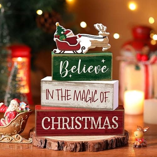 Lineshading 4 Pcs Christmas Table Decorations Wooden Stacked Block Santa | Rustic Farmhouse Block Sign with Believe Message, Tiered Tray Decor for Home Shelf, Xmas Decorations for Mantel Party thumbnail 2