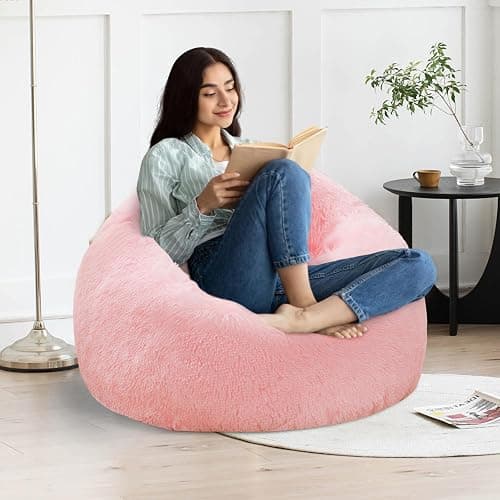 Pink fluffy bean bag chair covers (No Filler), comfy Plush Pink bean bag chair Cover for bedroom, stuffed animal Storage, kids adults teens girls bean bag chairs, Anti-Slip thumbnail 8