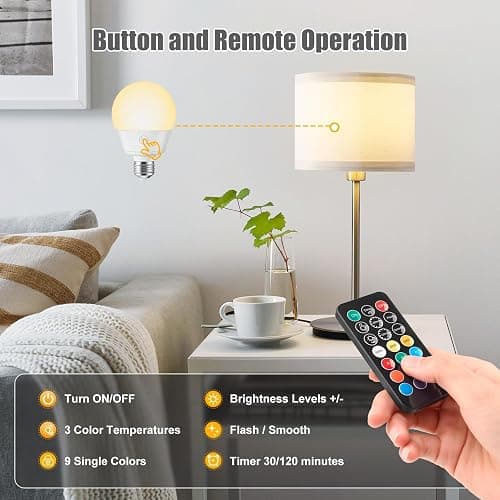 Brightown E26 Rechargeable Light Bulb with Remote and Timer, Battery Backup Bulb for Sconces and Lamps, Magnetic Bulbs for Non-Hardwired Fixture, 3 Color Temperatures + 9 RGB Colors, Dimmable, 2 Pack thumbnail 5