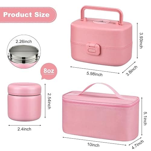 Pawtong Bento Lunch Box with 8oz Soup Thermo, Kids Sustainable Bento Box Leakproof Lunch Food Containers with Lunch Bag, Kids Thermo Insulated Hot Food Jar for School, Trvael (Pink) thumbnail 3