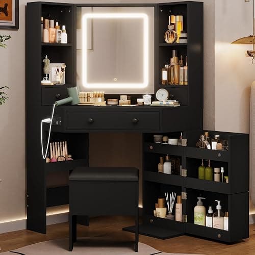 HAUOMS Vanity Desk with Mirror Lights, Storage Bench & Power Outlet, Corner Vanities with Rotating Cabinet & Drawers, 42.5" L Shaped Vanity Set, 3 Light Settings, for Women Girls, Modern Black - Image 1