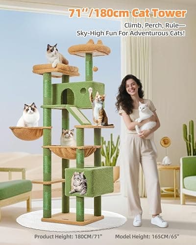 Taoqimiao Cactus Cat Tree, 71-Inch Cat Tower for Indoor Cats Large Adult, Multi-Level Large Cat Condo, 8 Sisal Scratching Posts, Metal Frame Cozy Hammock, Scratch Board, 2 Top Perches, MSC026L thumbnail 2