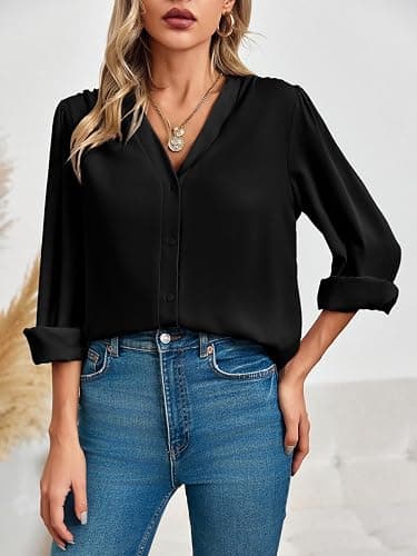 Women's Business Casual Tops Summer Long Sleeve Button Down Shirts V Neck Chiffon Blouses thumbnail 4
