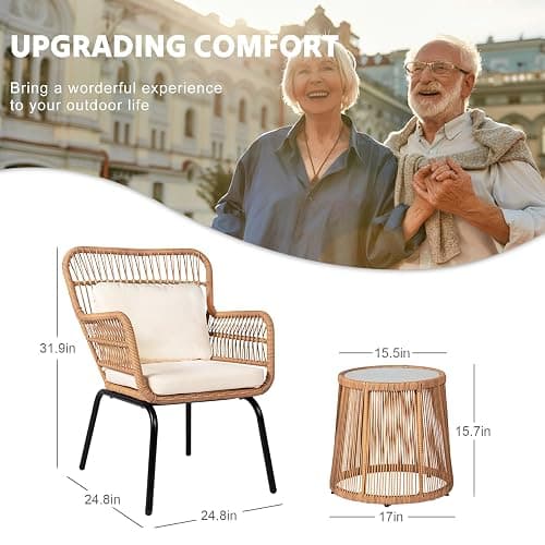 HOMEZILLIONS 3 Piece Outdoor Wicker Furniture Bistro Set, Rattan Chairs Conversation Sets Wicker Patio Furniture for Balcony Poolside Backyard, Yellow/Beige thumbnail 3