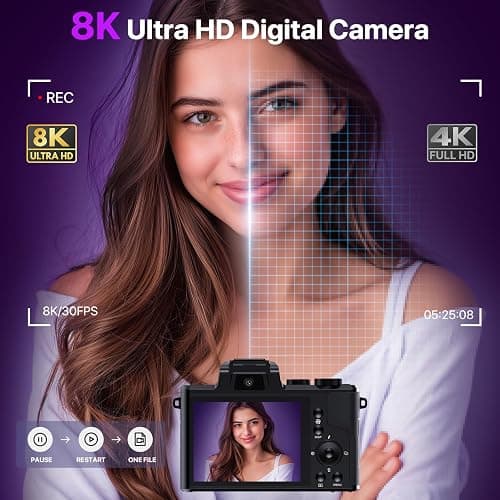 8K Digital Cameras for Photography with WiFi,Autofocus 88MP Vlogging Camera for YouTube with Dual-Lens,16X Digital Zoom Point and Shoot Camera,3.2''Touch Screen, Anti-Shake,2 Batteries &Charging Stand thumbnail 3