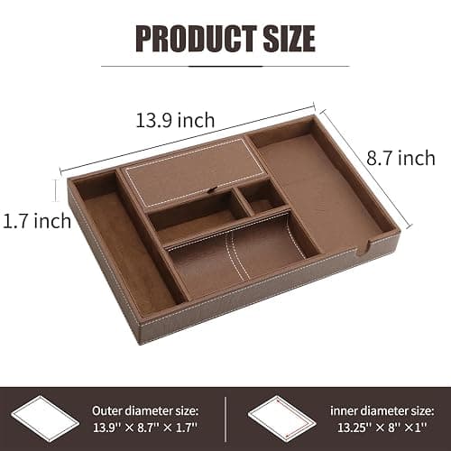 SANZIE Leather Tray with Wireless Charger - Nightstand Organizer for Phone, Wallet, Keys, Sunglasses, Watches, Jewelry, and More (Brown, Large) thumbnail 3
