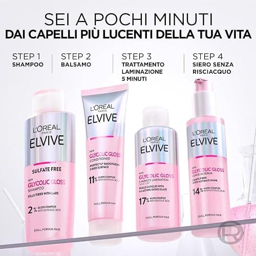 L'Oréal Paris Elvive Glycolic Gloss Balsamo da 150ml + Shampoo da 200ml + Siero Senza Risciacquo da 150ml + Trattamento Laminazione 5 minuti da 200ml per Capelli Spenti e Porosi - 4 flaconi thumbnail 3