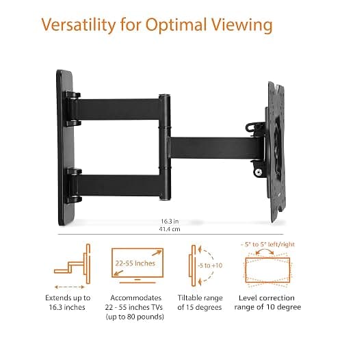 Amazon Basics Full Motion Articulating TV Wall Mount, with Swivel and Tilt, for 26" to 55" TVs and Flat Panels up to 80 Lbs, VESA Compatible, Black thumbnail 3