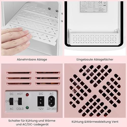 WANNYTON Mini Kühlschrank 4 Liter / 6 Dosen, Tragbarer Kleiner Kühlschränke mit Kühl-und Heizfunktion, Getränkekühlschrank für Zimmer Auto Büro, AC 220-240 V, DC 12 V, Rosa thumbnail 7
