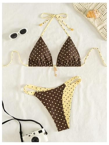 SOLY HUX Women's Polka Dots Bikini Set Halter Triangle String Thong Reversible Summer Beach Two Piece Swimsuit thumbnail 3
