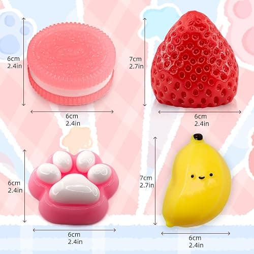 Taba Squishy Toy Set, Sensory Squeeze Fidget Toys for Stress Relief, Cute Party Favors for Kids Adults, Includes Banana Strawberry Cat Paw and Cookie thumbnail 3