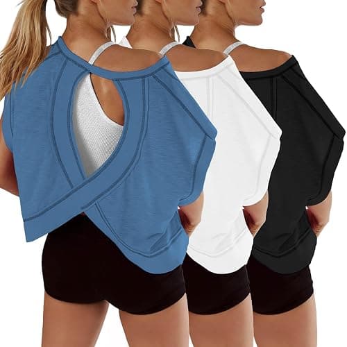 Siyaacg 3 Pack Open Back Short Sleeve Workout Tops for Women | Athletic Oversized Backless Crop Loose Fit T Shirt Casual Y2K Sport Gym Dance Yoga Pilates Running Tees - Image 1
