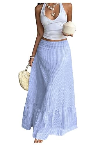 Milumia Women's Striped Ruffle Hem A Line Skirt Mid Waisted Summer Beach Maxi Skirts - Image 1