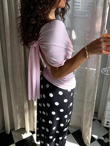 Yiulangde Women Off Shoulder Cinched Waist Wrap Top Y2k V Neck Ruched Tie Back Shirt Sexy Backless Going Out Summer Tank Tops thumbnail 3