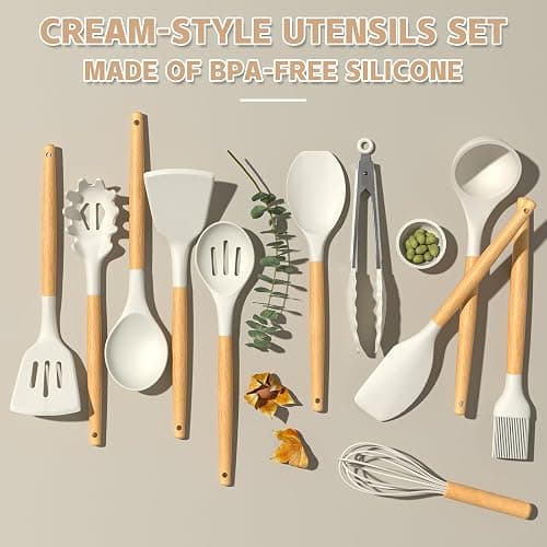 Umite Chef Kitchen Cooking Utensils Set, 33 pcs Non-stick Silicone Cooking Kitchen Utensils Spatula Set with Holder, Wooden Handle Silicone Kitchen Gadgets Utensil Set (Cream White) thumbnail 4