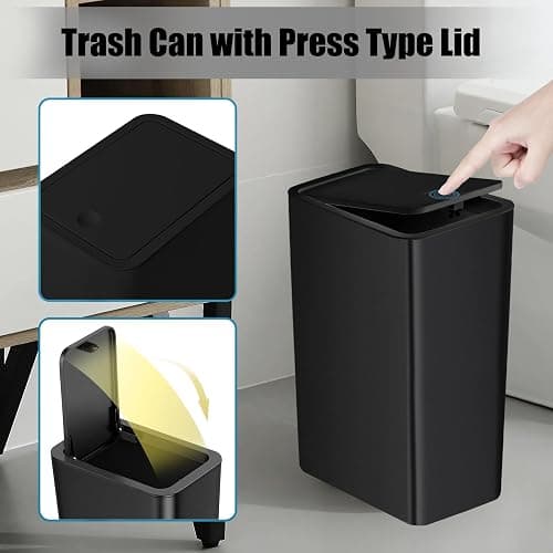 TIPGO Bathroom Trash Can with Lid, 10 Liter/ 2.6 Gallon Slim Garbage Can, Small Trash Bin Waste Basket with Pop-Up Lid for Kitchen, Bedroom, Living Room, Office (Black) thumbnail 6