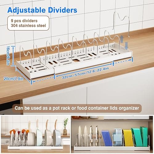 MUSTORN Pots and Pans Organizer Under Cabinet, 22" Expandable Food Storage Container Lid Organizers with 9 Adjustable Dividers Pot and Pan Lid Holders Rack Inside Cabinet/Countertop(1 Pack, White) thumbnail 2
