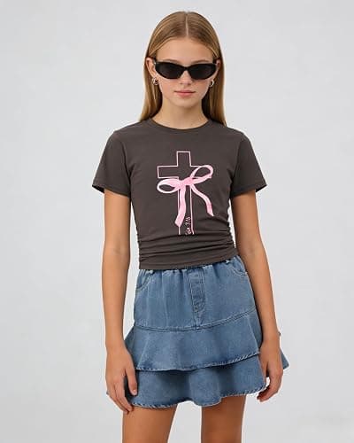 Cakaner Tween Girls Skirt Set Short Sleeve T-Shirt and Ruffle Tiered Denim Skirt Summer Casual 2 Piece Outfit Size 7-14 thumbnail 2