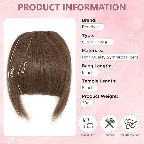 Benehair Clip in Fringe Natural Fringe Clip in Hair Curved Air Hair Bangs with Temples Synthetic Light Brown Hairpieces for Women Girls Daily Wear(Light Brown, 30g) thumbnail 6