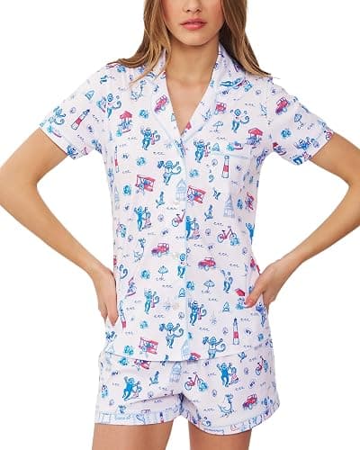 oklihoe 2-Piece Monkey Pajamas Set for Women Button Down V Neck Summer Y2K Lounge Set for Beach Vacation Jammies Party Gift thumbnail 2