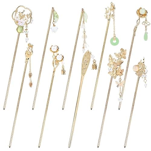 Cinaci 10 Pieces Decorative Vintage Retro Pearl Gold Metal Hair Sticks Pins with Pendants Chinese Hanfu Asian Flower Butterfly Hair Chopsticks Hair Bun Updo Holders Long Hairpins for Women Girls - Image 1