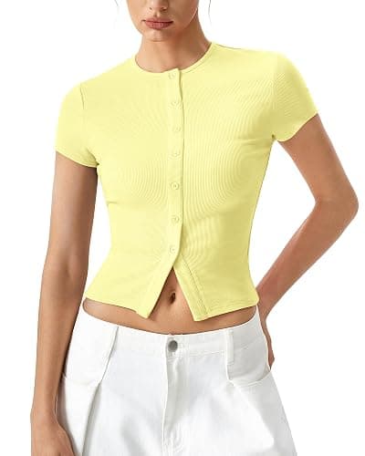 QINSEN Women's Crewneck Short Sleeve T Shirts Ribbed Button Going Out Trendy Tops - Image 1
