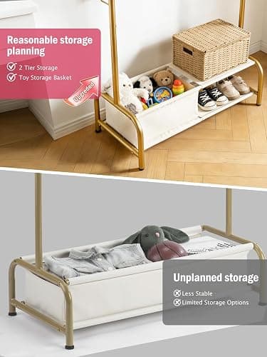 Atrastout Kids Clothing Rack-Portable Kids Clothing Rack with Storage Shelf - Toddler Garment Organizer for Baby Clothes, Dance Costumes, Girls Gift Ideas（Gold） thumbnail 6