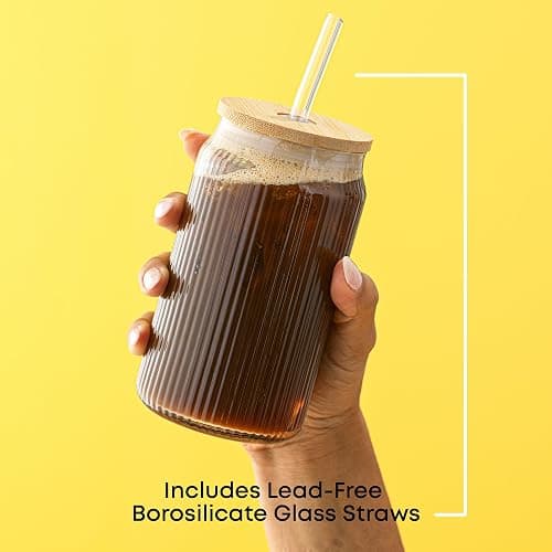 JoyJolt Fluted Glass Tumblers with Bamboo Lids and Glass Straws, Ribbed Can Shaped Drinking Glasses Set of 4, 16oz Cup with Lids and Straws, Iced Coffee Cups, Cocktail/Beer Glasses, Tea Cups thumbnail 5