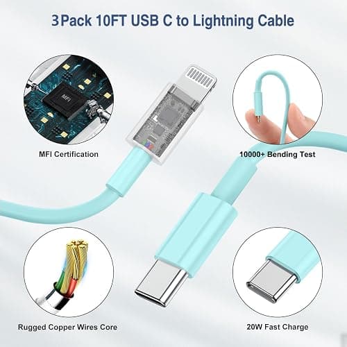 i Phone Charger Fast Charging 10 FT, 3-Pack 20W PD USB C Charger Block with i Phone 14 13 Charger Cable 10 Foot, Compatible with iPhone 14 Pro 13Pro Max 12 11Pro Mini -LightGreen thumbnail 4