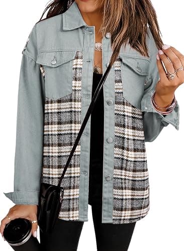 SHEWIN Womens Oversized Denim Jacket Casual Long Sleeve Button Down Plaid Shacket Boyfriend Jean Jacket With Pockets thumbnail 2