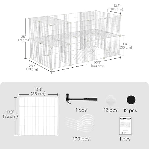 SONGMICS 2-Floor Metal Pet Playpen, 36 Grid Panels, Customisable Cage Enclosure for Small Animals, Guinea Pigs Hamster Runs, Rabbit Hutches, Includes Mallet, Indoor Use, 143 x 73 x 71 cm, White LPI02W thumbnail 7